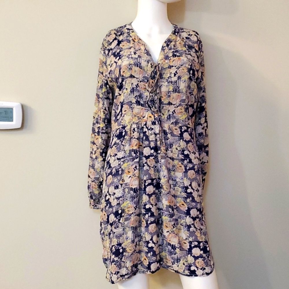 Skies are Blue floral long sleeve dress, blue, pink, and yellow, S